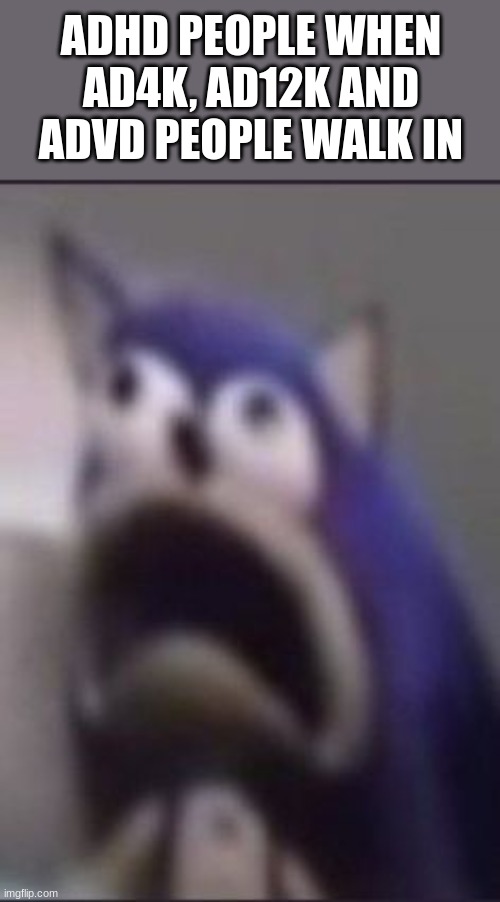 scared sonic | ADHD PEOPLE WHEN AD4K, AD12K AND ADVD PEOPLE WALK IN | image tagged in scared sonic | made w/ Imgflip meme maker