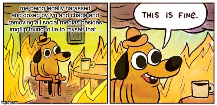 This Is Fine | me being legally harassed and doxed by lyn and chaga and removing all social medias besides imgflip trying to lie to myself that... | image tagged in memes,this is fine | made w/ Imgflip meme maker