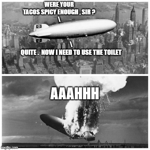 Hindenburg Before/After | WERE YOUR TACOS SPICY ENOUGH , SIR ?
\ \
QUITE .  NOW I NEED TO USE THE TOILET AAAHHH | image tagged in hindenburg before/after | made w/ Imgflip meme maker