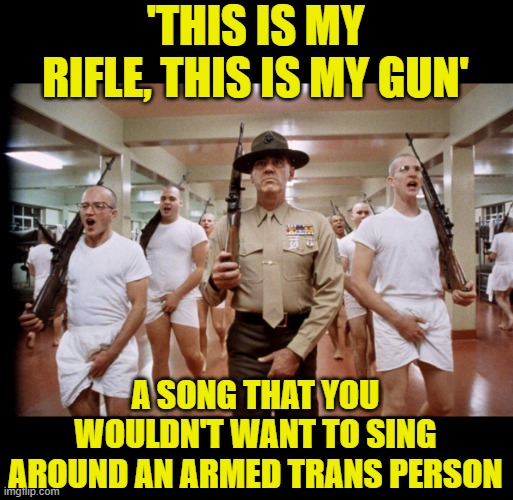 This is my rifle | 'THIS IS MY RIFLE, THIS IS MY GUN' A SONG THAT YOU WOULDN'T WANT TO SING AROUND AN ARMED TRANS PERSON | image tagged in this is my rifle | made w/ Imgflip meme maker