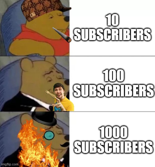 Fancy pooh |  10 SUBSCRIBERS; 100 SUBSCRIBERS; 1000 SUBSCRIBERS | image tagged in fancy pooh | made w/ Imgflip meme maker