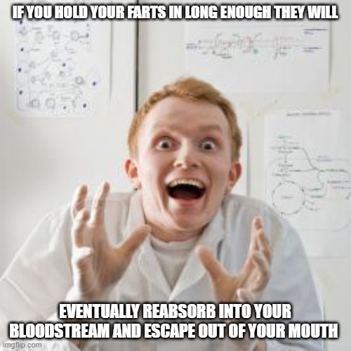 Overly Excited Scientist | IF YOU HOLD YOUR FARTS IN LONG ENOUGH THEY WILL EVENTUALLY REABSORB INTO YOUR BLOODSTREAM AND ESCAPE OUT OF YOUR MOUTH | image tagged in overly excited scientist | made w/ Imgflip meme maker