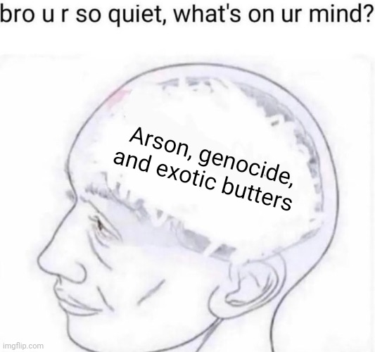Bro you're so quiet | Arson, genocide, and exotic butters | image tagged in bro you're so quiet | made w/ Imgflip meme maker