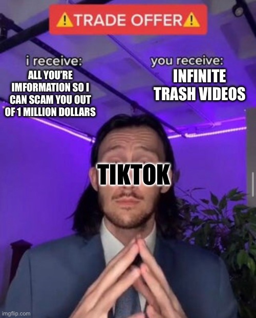 Good deal if you ask me | INFINITE TRASH VIDEOS; ALL YOU’RE IMFORMATION SO I CAN SCAM YOU OUT OF 1 MILLION DOLLARS; TIKTOK | image tagged in i receive you receive | made w/ Imgflip meme maker