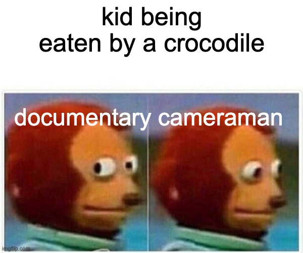 Monkey Puppet | kid being eaten by a crocodile; documentary cameraman | image tagged in memes,monkey puppet | made w/ Imgflip meme maker
