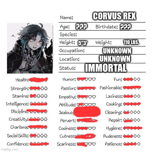 Corvus (ART NOT MINE) | CORVUS REX; ??? ??? 110 LBS. 5"3'; UNKNOWN; UNKNOWN; IMMORTAL | image tagged in profile card | made w/ Imgflip meme maker