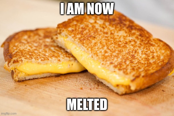 yay | I AM NOW; MELTED | image tagged in grilled cheese,cheesecat | made w/ Imgflip meme maker