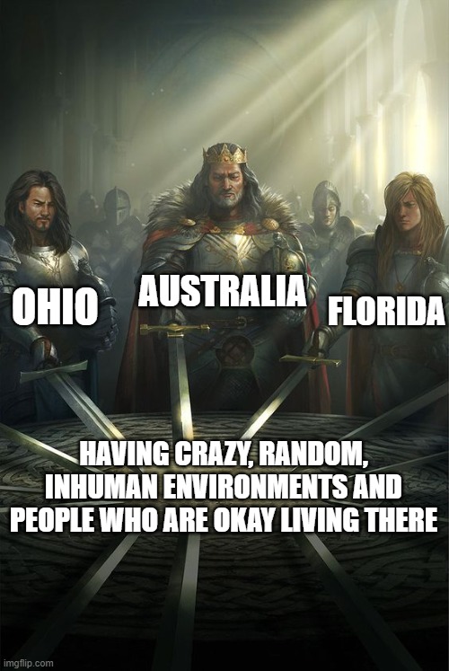 The knights of the crazy table | AUSTRALIA; OHIO; FLORIDA; HAVING CRAZY, RANDOM, INHUMAN ENVIRONMENTS AND PEOPLE WHO ARE OKAY LIVING THERE | image tagged in knights of the round table | made w/ Imgflip meme maker