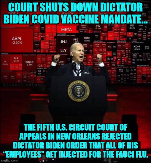 Dictator Biden cannot force fed workers to take Fauci flu vaccine... | COURT SHUTS DOWN DICTATOR BIDEN COVID VACCINE MANDATE... THE FIFTH U.S. CIRCUIT COURT OF APPEALS IN NEW ORLEANS REJECTED DICTATOR BIDEN ORDER THAT ALL OF HIS “EMPLOYEES” GET INJECTED FOR THE FAUCI FLU. | image tagged in dictator,joe biden,lost | made w/ Imgflip meme maker