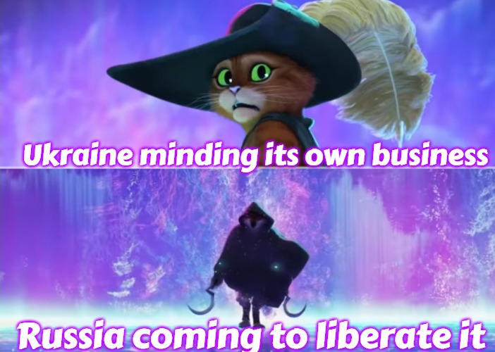 Puss and boots scared | Ukraine minding its own business; Russia coming to liberate it | image tagged in puss and boots scared,slavic,russo-ukrainian war,russia,ukraine | made w/ Imgflip meme maker