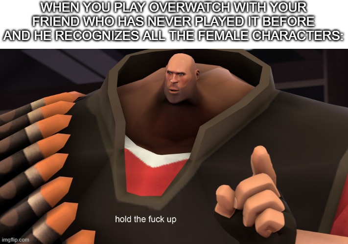 Hmmm | WHEN YOU PLAY OVERWATCH WITH YOUR FRIEND WHO HAS NEVER PLAYED IT BEFORE AND HE RECOGNIZES ALL THE FEMALE CHARACTERS: | image tagged in heavy hold up,overwatch memes,overwatch | made w/ Imgflip meme maker