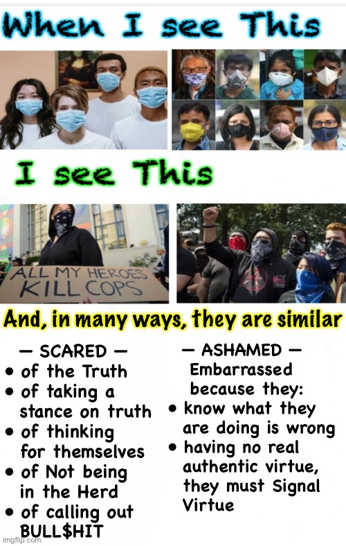 That’s what it looks like | And, in many ways, they are similar; — ASHAMED —
   Embarrassed 
   because they:
• know what they
  are doing is wrong
• having no real
  authentic virtue,
  they must Signal
  Virtue; — SCARED —
• of the Truth
• of taking a
  stance on truth
• of thinking
  for themselves
• of Not being
  in the Herd
• of calling out
  BULL$HIT | image tagged in memes,when will u remove the mask,ugly evil leftists must hide,u ugly ones should keep em on,leftists n fjb voters kissmyass | made w/ Imgflip meme maker