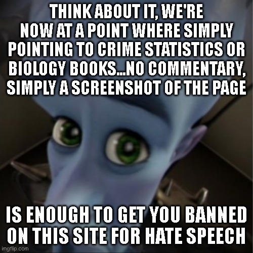 Megamind peeking | THINK ABOUT IT, WE'RE NOW AT A POINT WHERE SIMPLY POINTING TO CRIME STATISTICS OR BIOLOGY BOOKS...NO COMMENTARY, SIMPLY A SCREENSHOT OF THE PAGE; IS ENOUGH TO GET YOU BANNED ON THIS SITE FOR HATE SPEECH | image tagged in megamind peeking | made w/ Imgflip meme maker