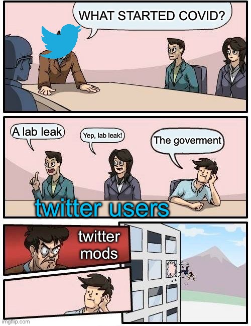 when somebody says it's the goverment | WHAT STARTED COVID? A lab leak; The goverment; Yep, lab leak! twitter users; twitter mods | image tagged in memes,boardroom meeting suggestion,covid,coronavirus,government,twitter | made w/ Imgflip meme maker