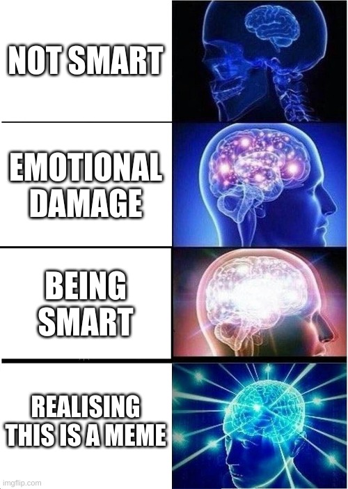 brain | NOT SMART; EMOTIONAL DAMAGE; BEING SMART; REALISING THIS IS A MEME | image tagged in memes,expanding brain | made w/ Imgflip meme maker