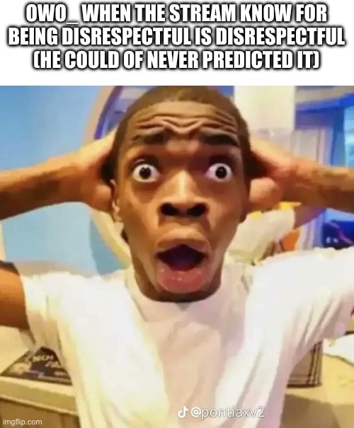 Shocked black guy | OWO_ WHEN THE STREAM KNOW FOR BEING DISRESPECTFUL IS DISRESPECTFUL (HE COULD OF NEVER PREDICTED IT) | image tagged in shocked black guy | made w/ Imgflip meme maker