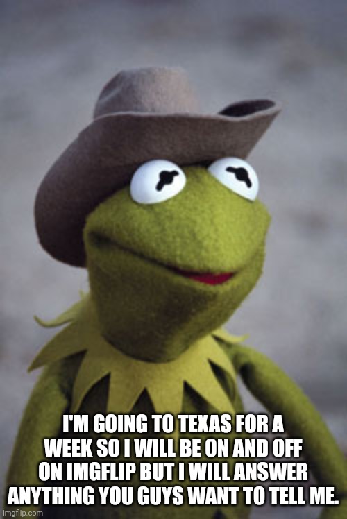 TeXaS pEtE hOt SuAcE | I'M GOING TO TEXAS FOR A WEEK SO I WILL BE ON AND OFF ON IMGFLIP BUT I WILL ANSWER ANYTHING YOU GUYS WANT TO TELL ME. | image tagged in texas kermit | made w/ Imgflip meme maker
