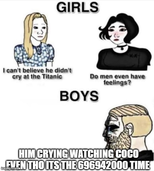Do men even have feelings | HIM CRYING WATCHING COCO EVEN THO ITS THE 696942000 TIME | image tagged in do men even have feelings | made w/ Imgflip meme maker