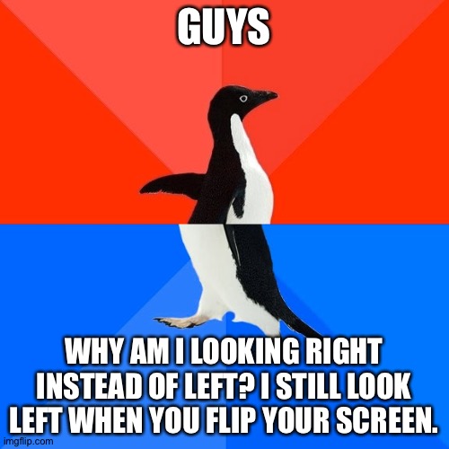 I can't see what's behind me! | GUYS; WHY AM I LOOKING RIGHT INSTEAD OF LEFT? I STILL LOOK LEFT WHEN YOU FLIP YOUR SCREEN. | image tagged in memes,socially awesome awkward penguin | made w/ Imgflip meme maker