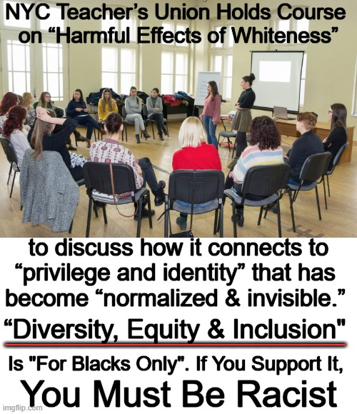 Fighting back against the “harmful effects of WHITENESS.” Exchange the word to 'BLACKNESS' & see how that is unacceptable? Hmm. | NYC Teacher’s Union Holds Course 
on “Harmful Effects of Whiteness”; to discuss how it connects to
“privilege and identity” that has 
become “normalized & invisible.”; “Diversity, Equity & Inclusion"; ___________________________; Is "For Blacks Only". If You Support It, You Must Be Racist | image tagged in politics,reverse racism is acceptable,two standards,racism is wrong,equality means we are equals,blacks and whites | made w/ Imgflip meme maker