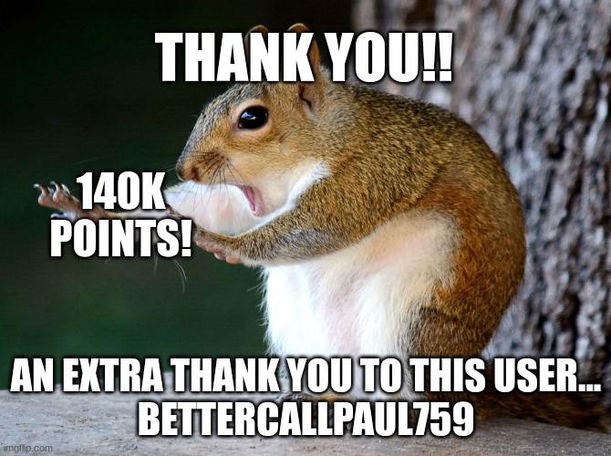 Squirll | THANK YOU!! 140K POINTS! AN EXTRA THANK YOU TO THIS USER...
BETTERCALLPAUL759 | image tagged in squirll | made w/ Imgflip meme maker