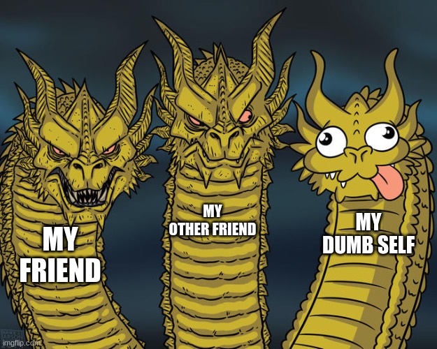 Three-headed Dragon | MY OTHER FRIEND; MY DUMB SELF; MY FRIEND | image tagged in three-headed dragon | made w/ Imgflip meme maker