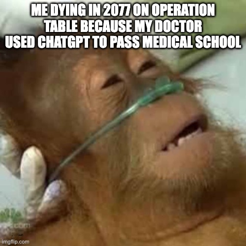 i dont want to die like this | ME DYING IN 2077 ON OPERATION TABLE BECAUSE MY DOCTOR USED CHATGPT TO PASS MEDICAL SCHOOL | image tagged in dying orangutan,monkey,memes,funny memes | made w/ Imgflip meme maker