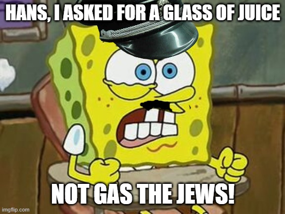 this may get banned... *THIS IS ALL A JOKE* | HANS, I ASKED FOR A GLASS OF JUICE; NOT GAS THE JEWS! | image tagged in pissed off spongebob | made w/ Imgflip meme maker