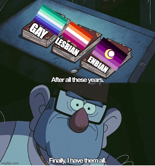 I'll explain what enbian is in the comments. | GAY; LESBIAN; ENBIAN | image tagged in finally i have them all,lgbtq,memes,funny,lgbtq memes | made w/ Imgflip meme maker