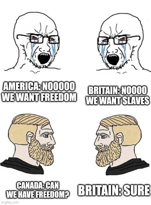 Chad Yes Meme | BRITAIN: NOOOO WE WANT SLAVES; AMERICA: NOOOOO WE WANT FREEDOM; CANADA: CAN WE HAVE FREEDOM? BRITAIN: SURE | image tagged in chad yes meme | made w/ Imgflip meme maker