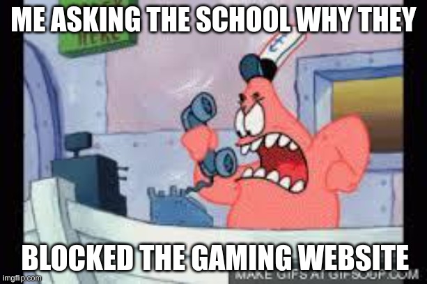 bruh | ME ASKING THE SCHOOL WHY THEY; BLOCKED THE GAMING WEBSITE | image tagged in no this is patrick,blocked,school,video games,computer games | made w/ Imgflip meme maker