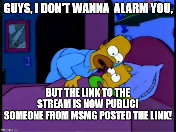 The stream is going into manual approve again until the situation calms down. | GUYS, I DON'T WANNA  ALARM YOU, BUT THE LINK TO THE STREAM IS NOW PUBLIC!
SOMEONE FROM MSMG POSTED THE LINK! | made w/ Imgflip meme maker