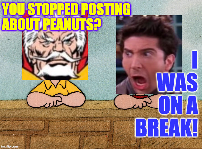 YOU STOPPED POSTING
ABOUT PEANUTS? I
WAS
ON A
BREAK! | made w/ Imgflip meme maker