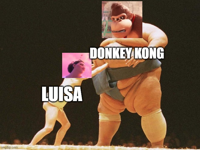 donkey kong wrestling | DONKEY KONG; LUISA | image tagged in kid vs sumo wrestler | made w/ Imgflip meme maker