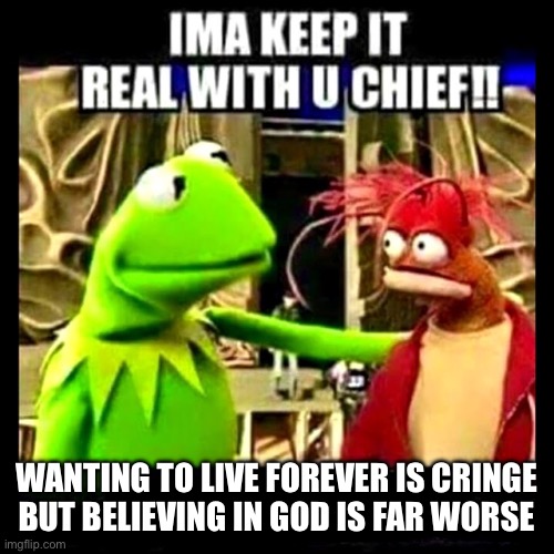 Why would you want eternal life anyway | WANTING TO LIVE FOREVER IS CRINGE
BUT BELIEVING IN GOD IS FAR WORSE | image tagged in imma keep it real with you chief,afterlife,god,christianity,religion,atheism | made w/ Imgflip meme maker