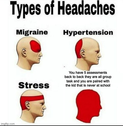 Types of Headaches meme | You have 5 assessments back to back they are all group task and you are paired with the kid that is never at school | image tagged in types of headaches meme | made w/ Imgflip meme maker