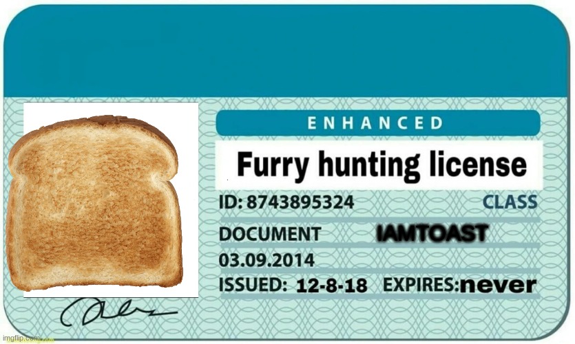 IAMTOAST | image tagged in furry hunting license | made w/ Imgflip meme maker
