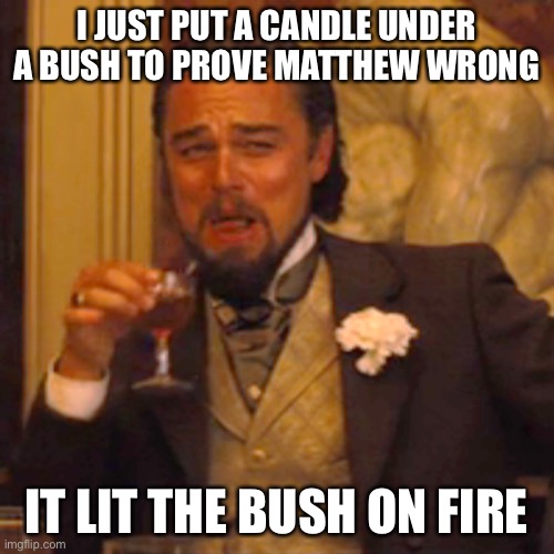 Book of Matthew readers b like | I JUST PUT A CANDLE UNDER A BUSH TO PROVE MATTHEW WRONG; IT LIT THE BUSH ON FIRE | image tagged in memes,laughing leo | made w/ Imgflip meme maker