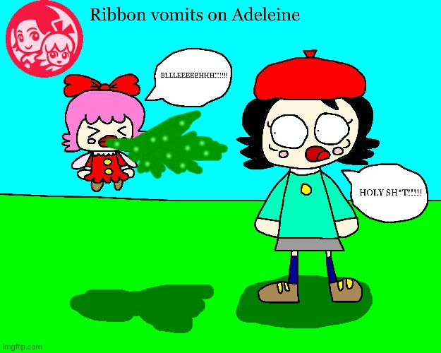 Ribbon vomits on Adeleine (Remake) | image tagged in kirby,vomit,cute,fanart,parody,comics/cartoons | made w/ Imgflip meme maker