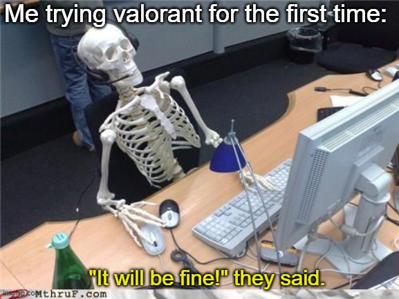 Skeleton Computer | Me trying valorant for the first time:; "It will be fine!" they said. | image tagged in skeleton computer | made w/ Imgflip meme maker