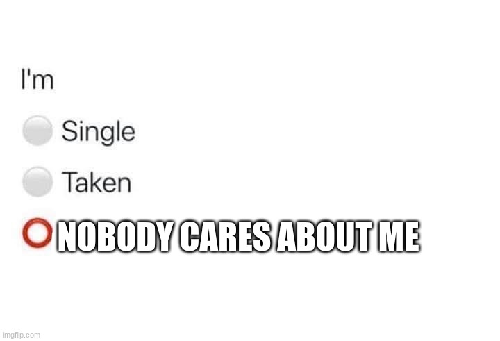 I’m single, taken | NOBODY CARES ABOUT ME | image tagged in i m single taken | made w/ Imgflip meme maker