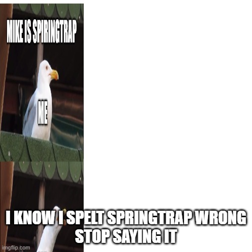 Blank Transparent Square Meme | I KNOW I SPELT SPRINGTRAP WRONG
STOP SAYING IT | image tagged in memes,blank transparent square | made w/ Imgflip meme maker