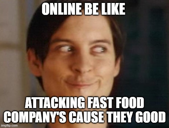 Spiderman Peter Parker | ONLINE BE LIKE; ATTACKING FAST FOOD COMPANY'S CAUSE THEY GOOD | image tagged in memes,spiderman peter parker | made w/ Imgflip meme maker