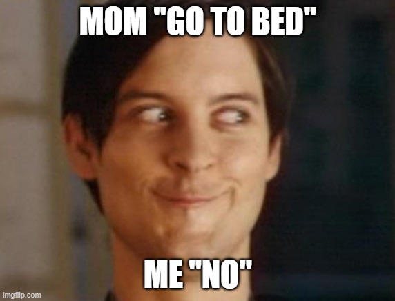 Spiderman Peter Parker | MOM "GO TO BED"; ME "NO" | image tagged in memes,spiderman peter parker | made w/ Imgflip meme maker
