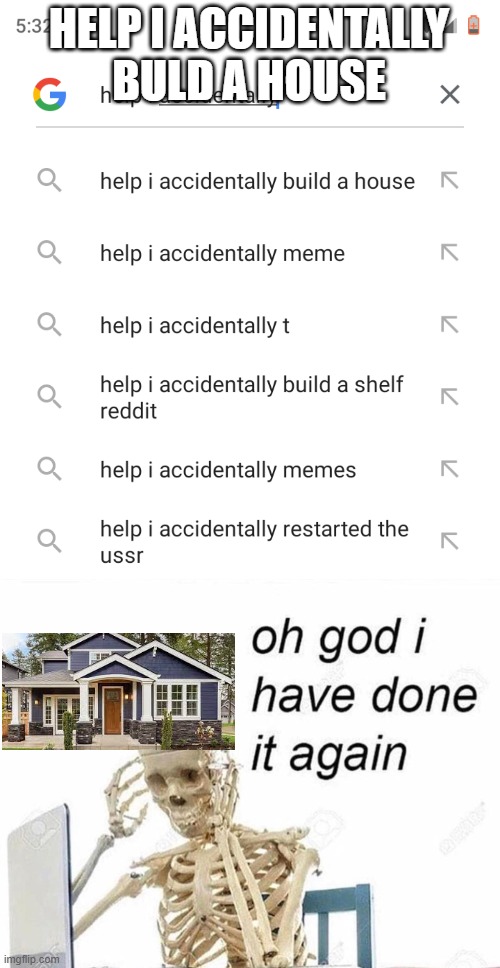 HELP I ACCIDENTALLY BULD A HOUSE | image tagged in help i accidentally,oh god i have done it again | made w/ Imgflip meme maker