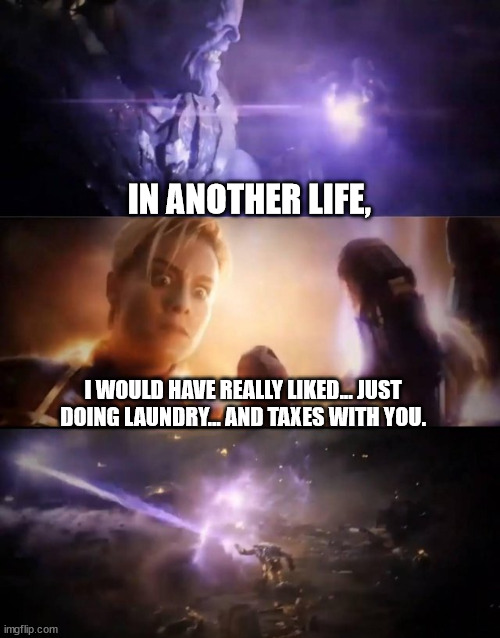 Apparently Thanos liked Everything Everywhere All At Once | IN ANOTHER LIFE, I WOULD HAVE REALLY LIKED... JUST DOING LAUNDRY... AND TAXES WITH YOU. | image tagged in thanos vs captain marvel | made w/ Imgflip meme maker