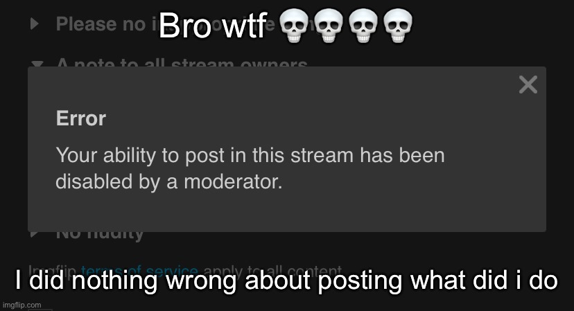 Mf got so mad to pull a ban hammer lmao | Bro wtf 💀💀💀💀; I did nothing wrong about posting what did i do | image tagged in -funner | made w/ Imgflip meme maker