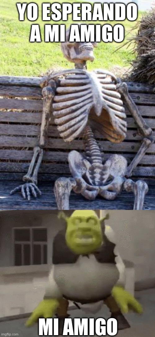 YO ESPERANDO A MI AMIGO; MI AMIGO | image tagged in memes,waiting skeleton | made w/ Imgflip meme maker