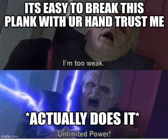POWER!!!!!!! | ITS EASY TO BREAK THIS PLANK WITH UR HAND TRUST ME; *ACTUALLY DOES IT* | image tagged in too weak unlimited power | made w/ Imgflip meme maker