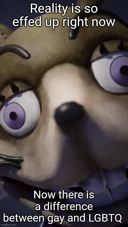 Glitchtrap FNAF VR | Reality is so effed up right now; Now there is a difference between gay and LGBTQ | image tagged in glitchtrap fnaf vr | made w/ Imgflip meme maker